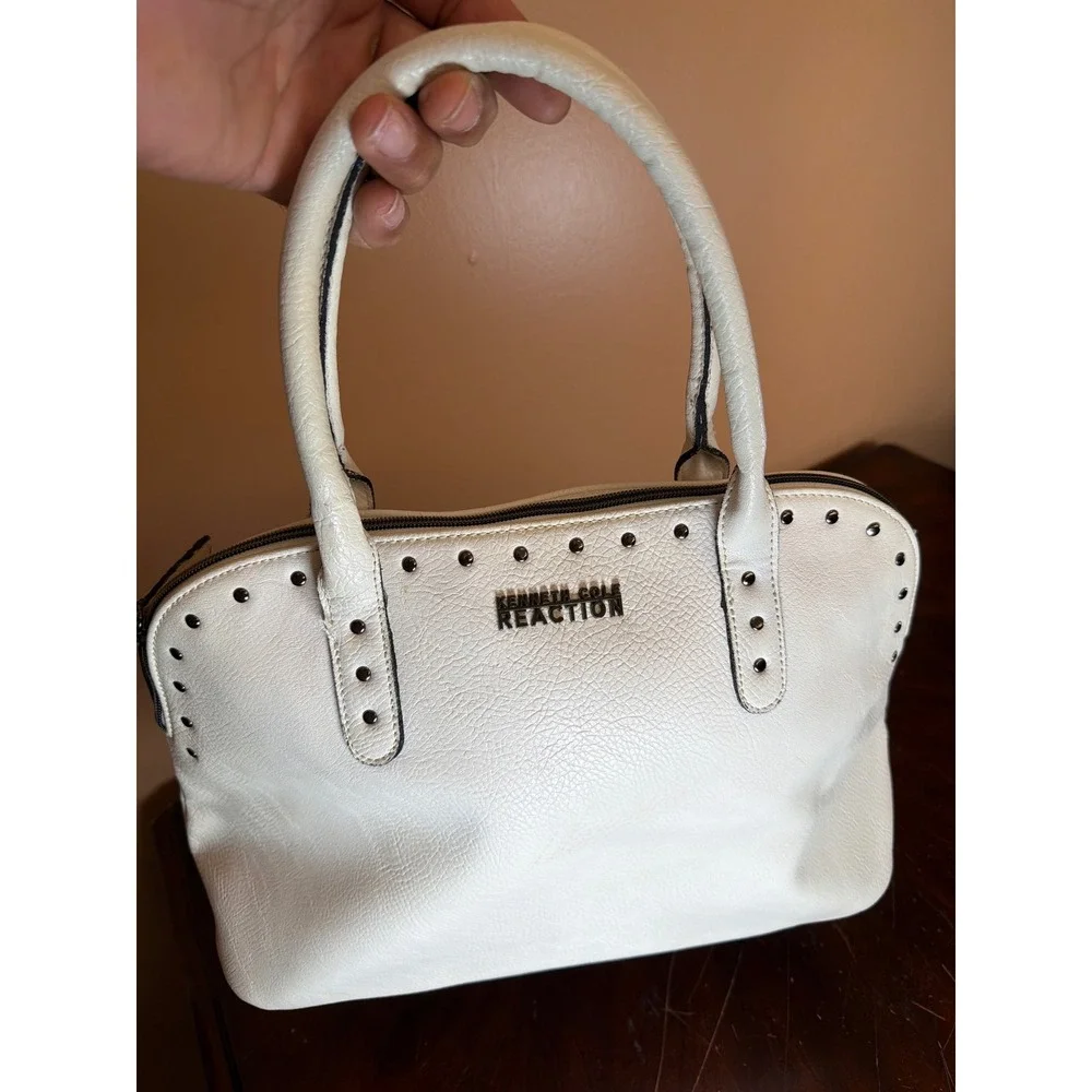 Kenneth Cole‎ Reaction White Studded Pebbled Faux Leather Satchel Handbag